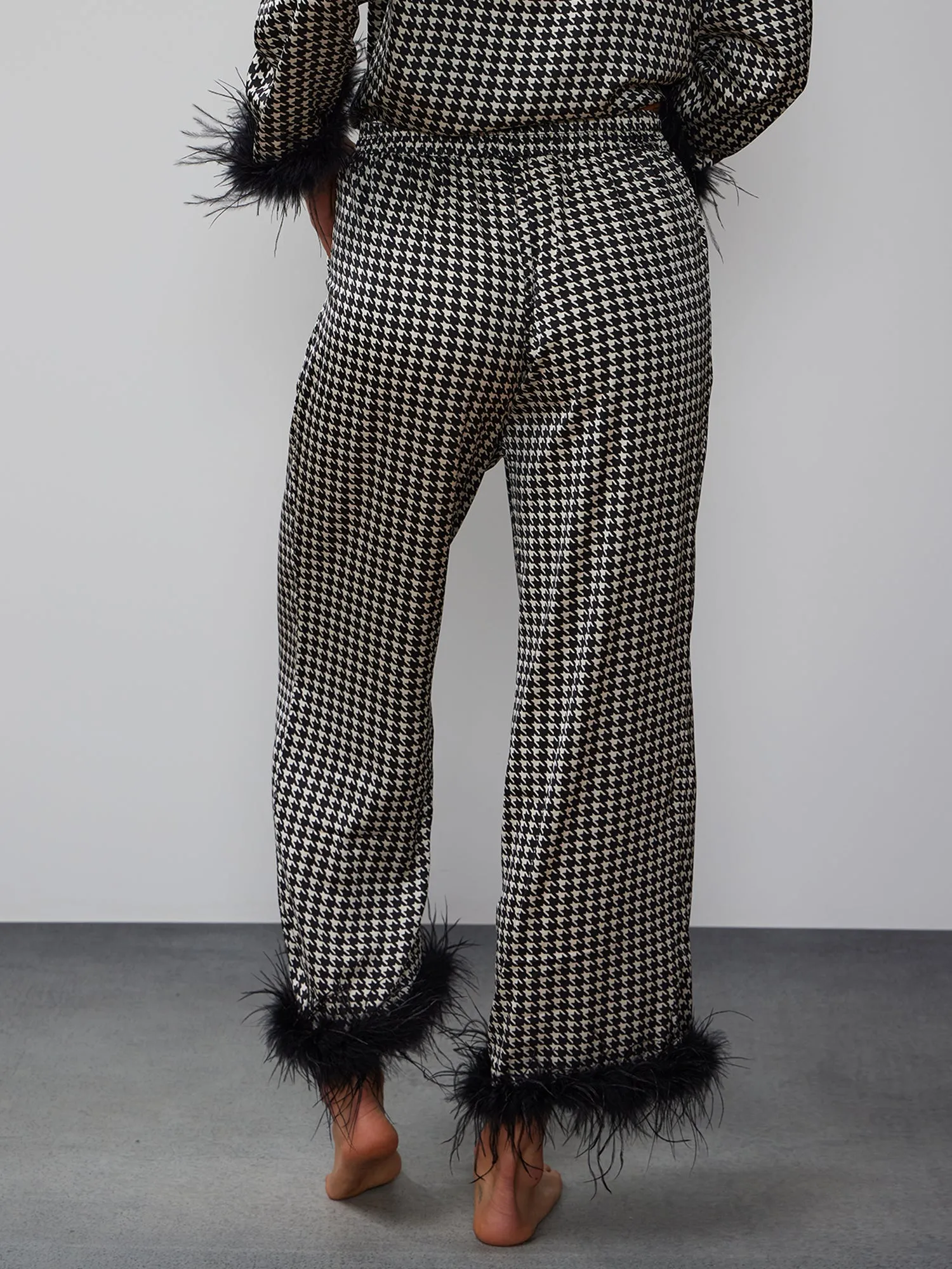 Houndstooth Print Feather Trim Pajama Pant