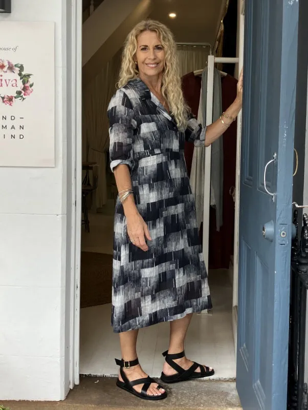 Jiva 50's Dress - Abstract Black/ White Print - Ramie