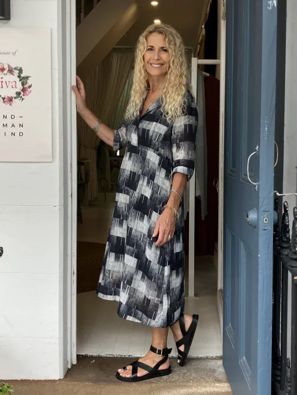 Jiva 50's Dress - Abstract Black/ White Print - Ramie