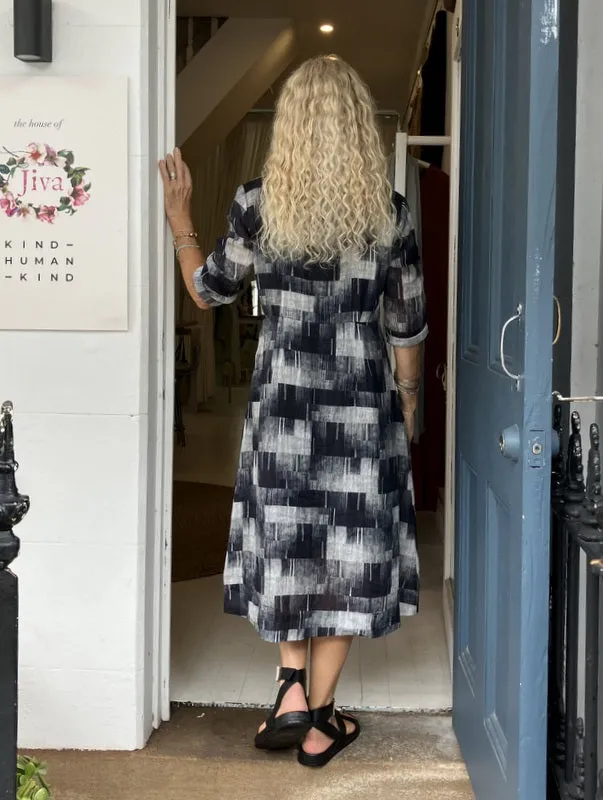 Jiva 50's Dress - Abstract Black/ White Print - Ramie