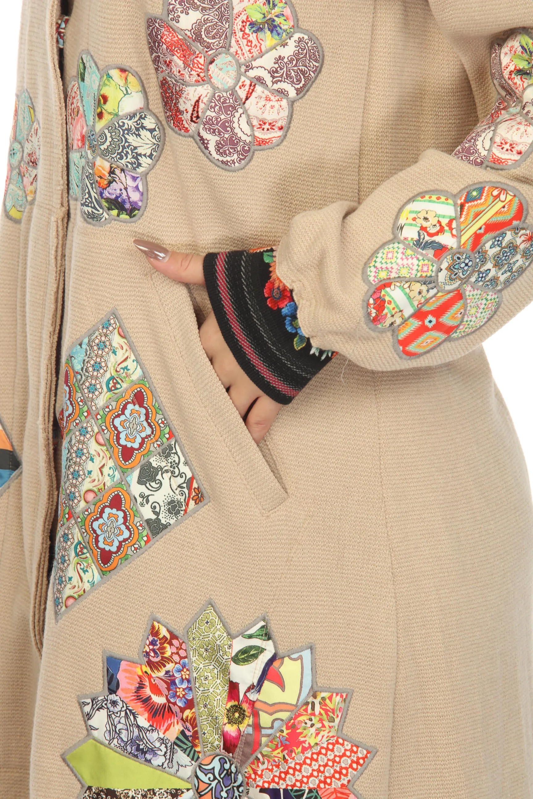 Johnny Was Biya Beige Glina Applique Long Sleeve Coat Boho Chic B50522