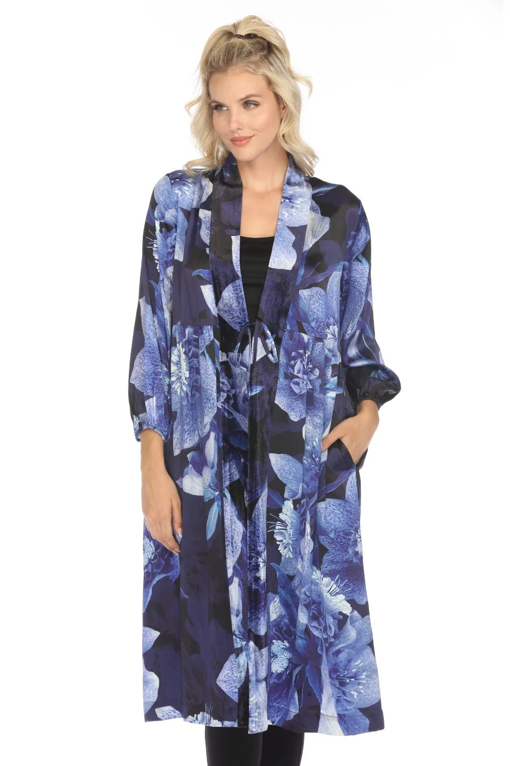 Johnny Was Workshop Blue Floral Silk Long Kimono W46524 Boho Chic
