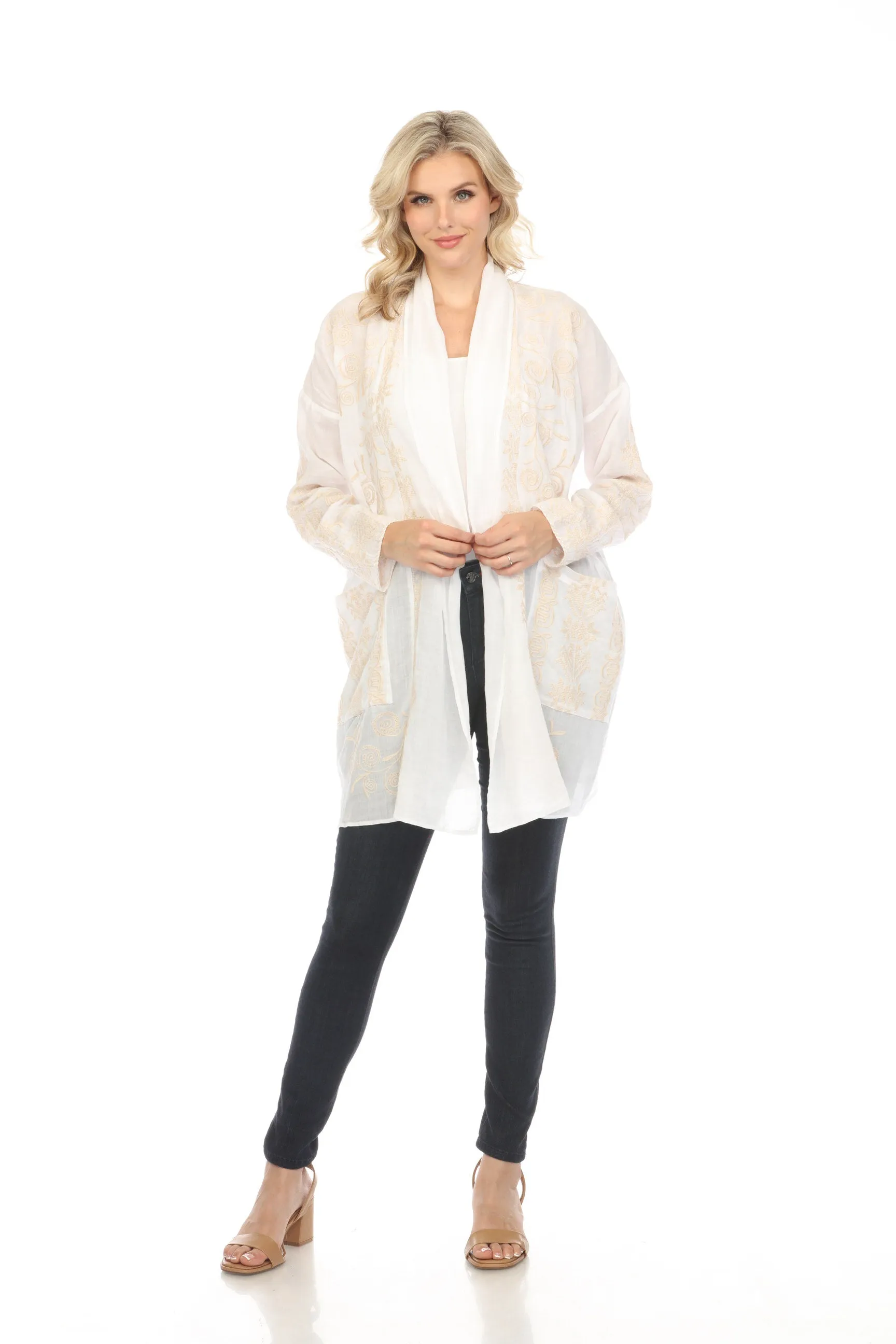 Johnny Was Workshop White Embroidered Open Front Kimono Boho Chic W45524