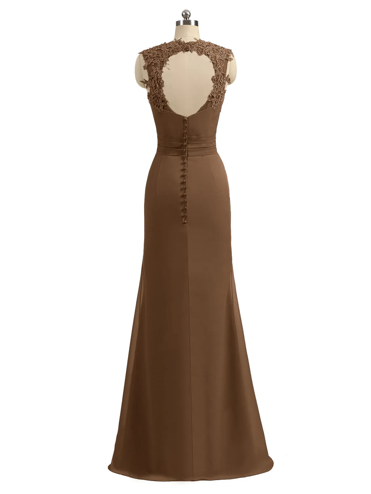 Lace Appliqued Strap Sheath Open Back Dress Brown