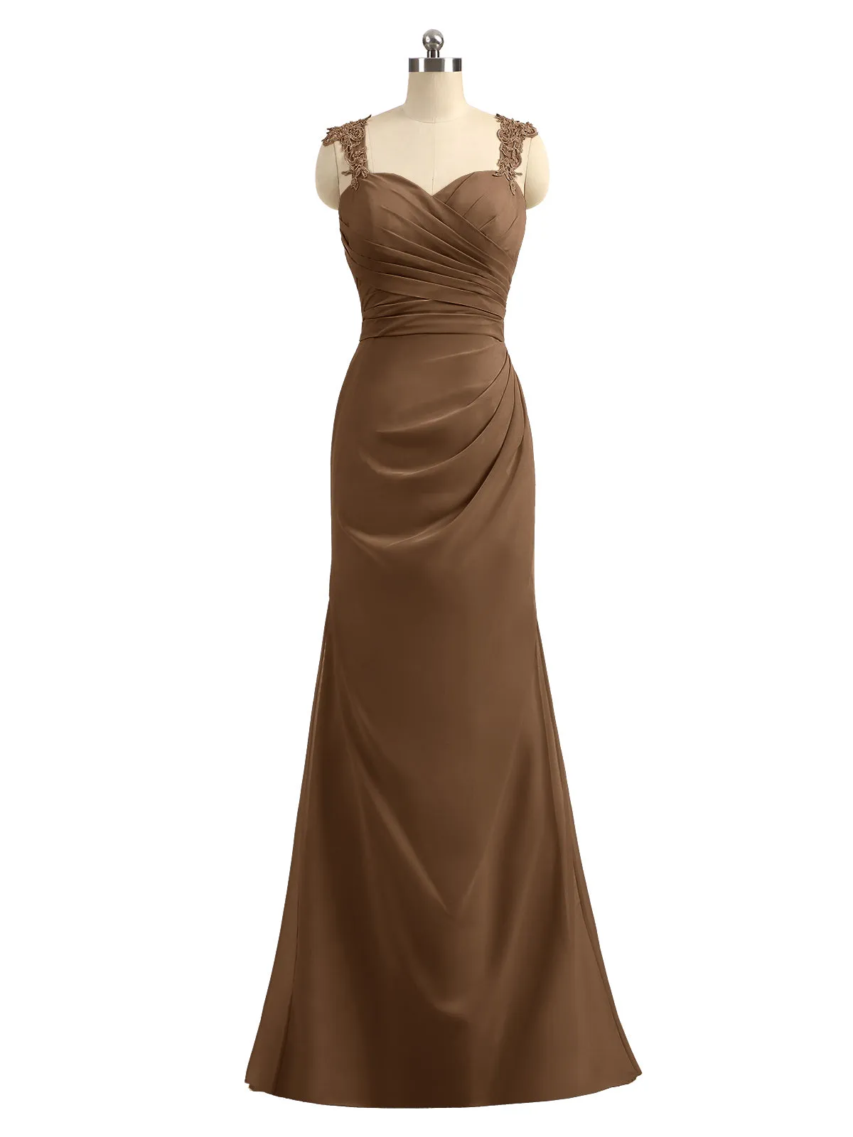 Lace Appliqued Strap Sheath Open Back Dress Brown