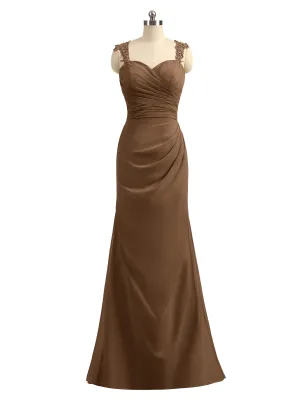 Lace Appliqued Strap Sheath Open Back Dress Brown