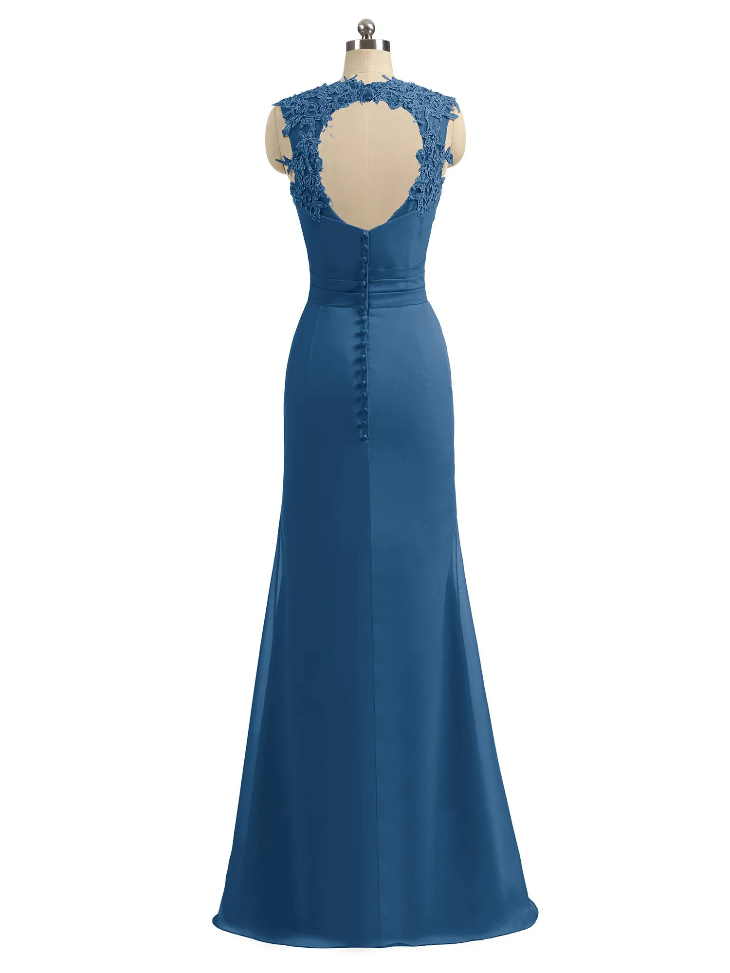 Lace Appliqued Strap Sheath Open Back Dress Ink Blue