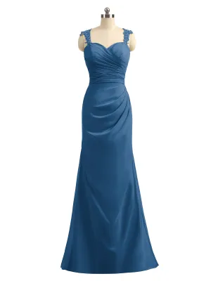 Lace Appliqued Strap Sheath Open Back Dress Ink Blue