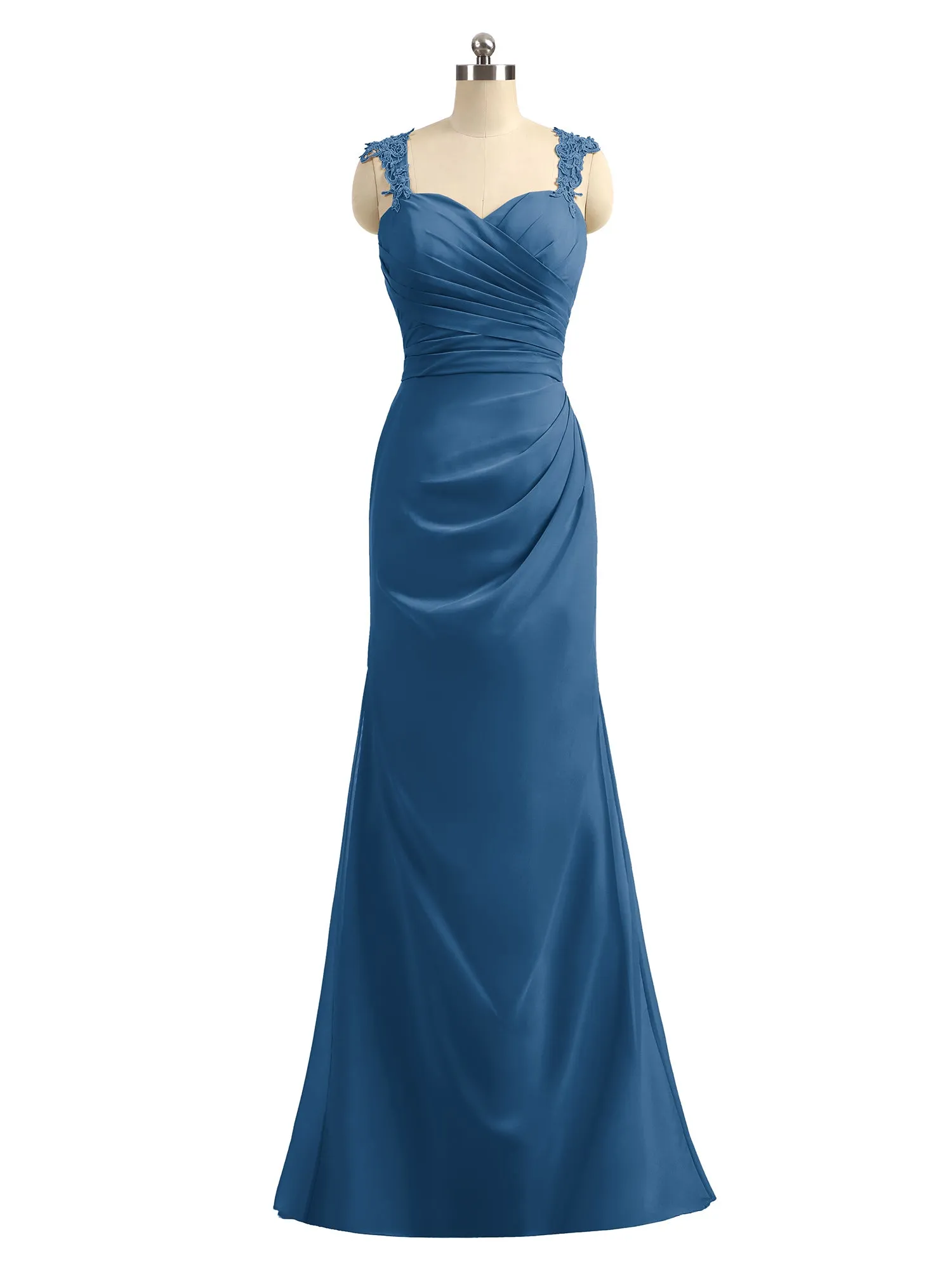 Lace Appliqued Strap Sheath Open Back Dress Ink Blue