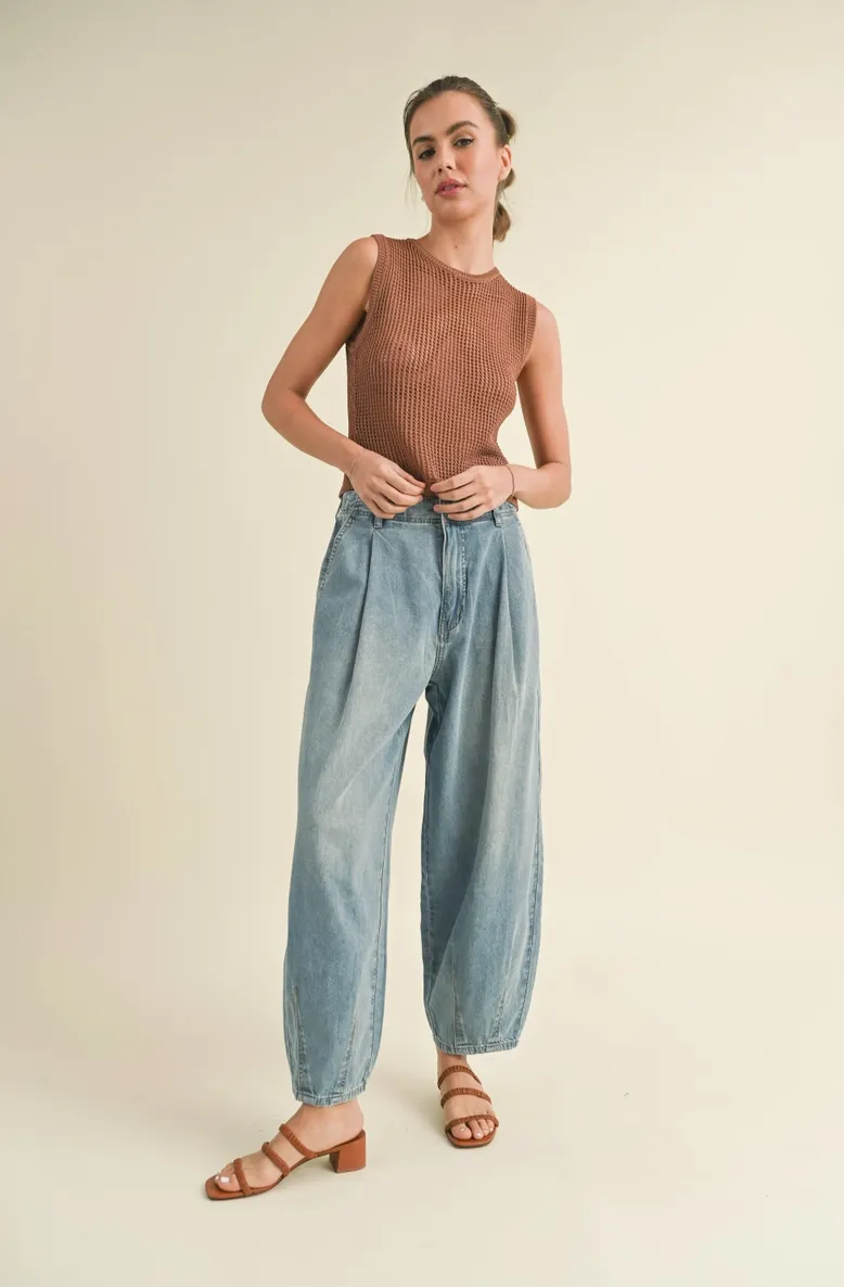 LAST PAIR! Loose Fit Pleat Detail Denim Pants- Light Wash
