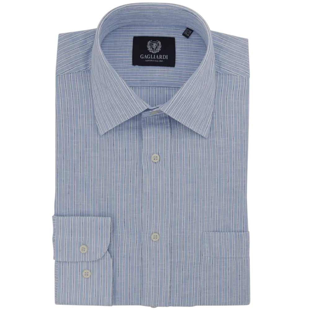 Mid Blue Striped Tailored Fit Classic Collar Linen Shirt