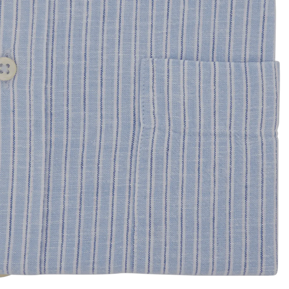 Mid Blue Striped Tailored Fit Classic Collar Linen Shirt