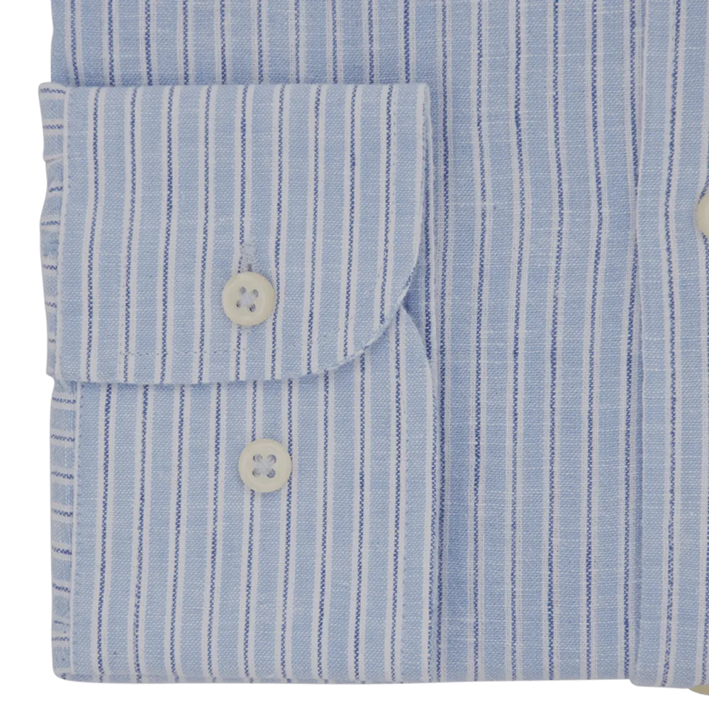 Mid Blue Striped Tailored Fit Classic Collar Linen Shirt