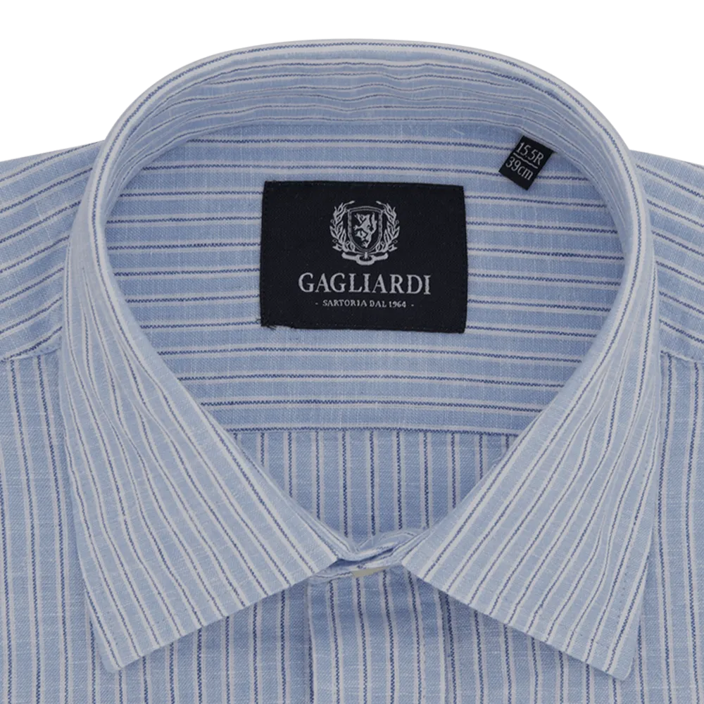 Mid Blue Striped Tailored Fit Classic Collar Linen Shirt