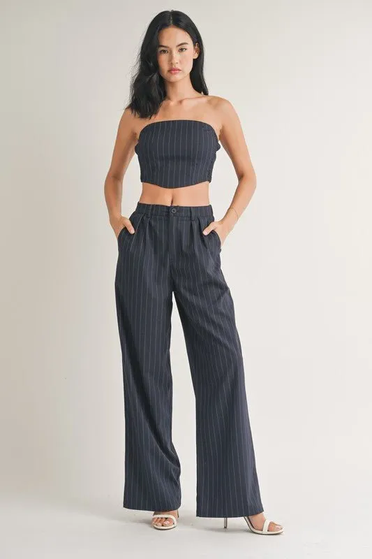 Navy Pinstriped Wide Leg Pants