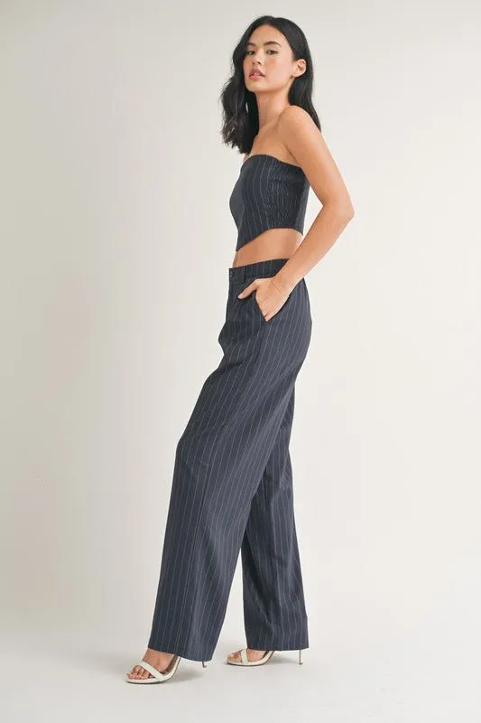 Navy Pinstriped Wide Leg Pants