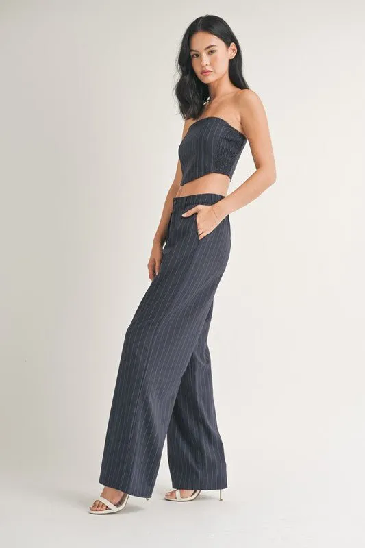 Navy Pinstriped Wide Leg Pants