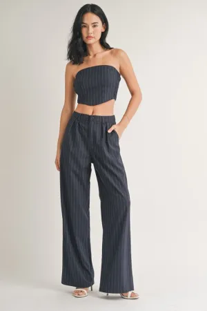 Navy Pinstriped Wide Leg Pants