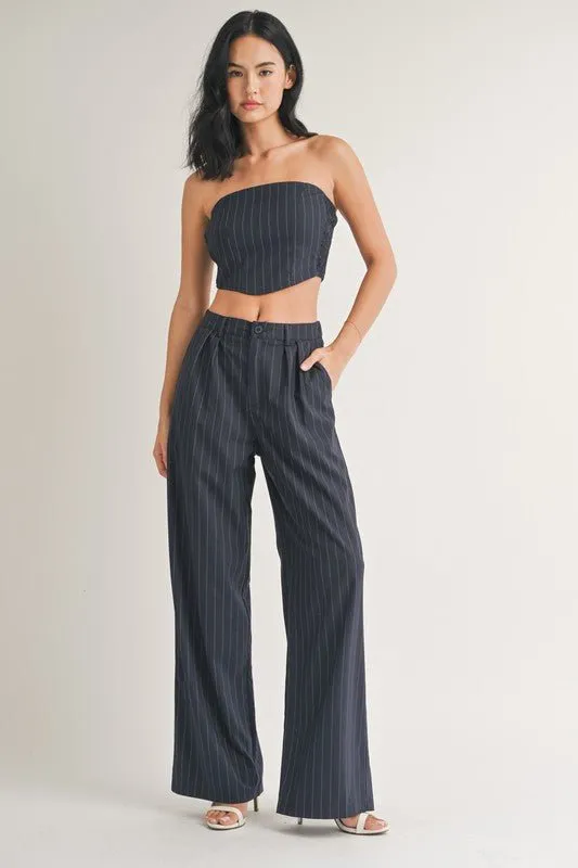 Navy Pinstriped Wide Leg Pants