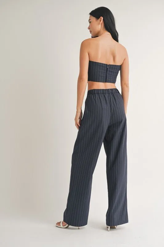 Navy Pinstriped Wide Leg Pants