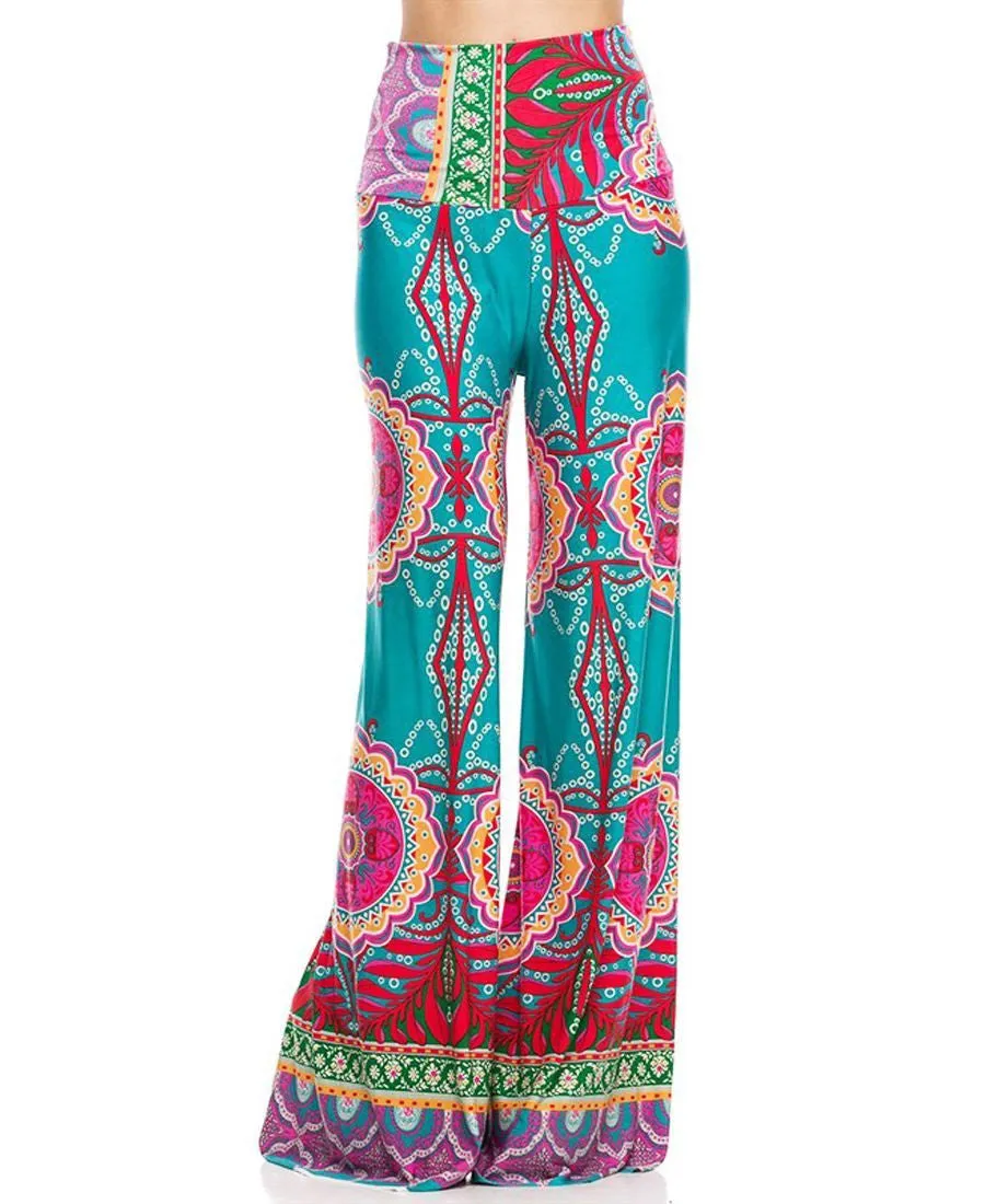Palazzo Pants High Waisted Foldover Tropical Teal Pink