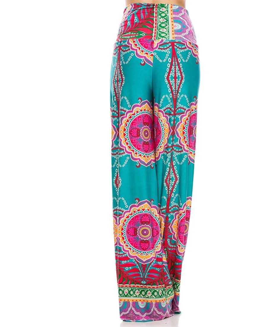 Palazzo Pants High Waisted Foldover Tropical Teal Pink