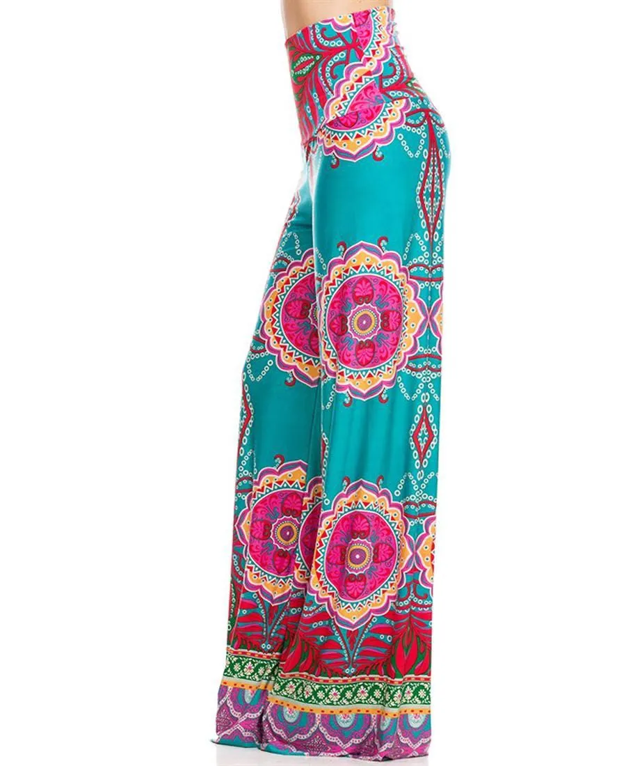 Palazzo Pants High Waisted Foldover Tropical Teal Pink