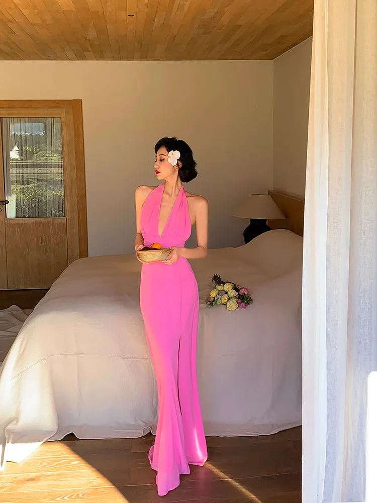 Pink Ruched Halter Maxi Dress – Soft & Feminine Summer Look
