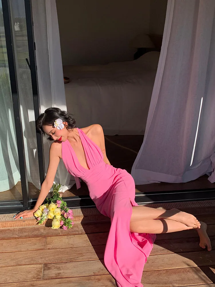 Pink Ruched Halter Maxi Dress – Soft & Feminine Summer Look