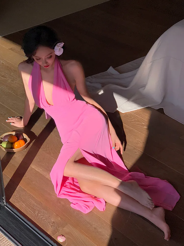 Pink Ruched Halter Maxi Dress – Soft & Feminine Summer Look