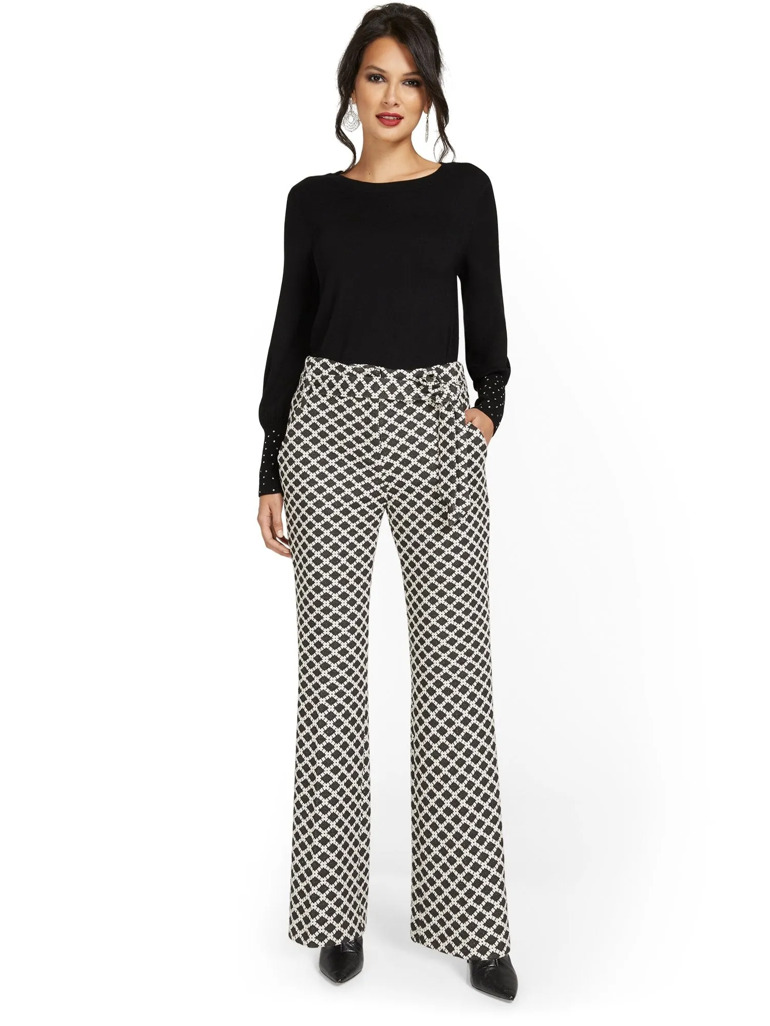 Pull-On Diamond-Print Tie-Waist Straight-Leg Ponte Pant - Superflex