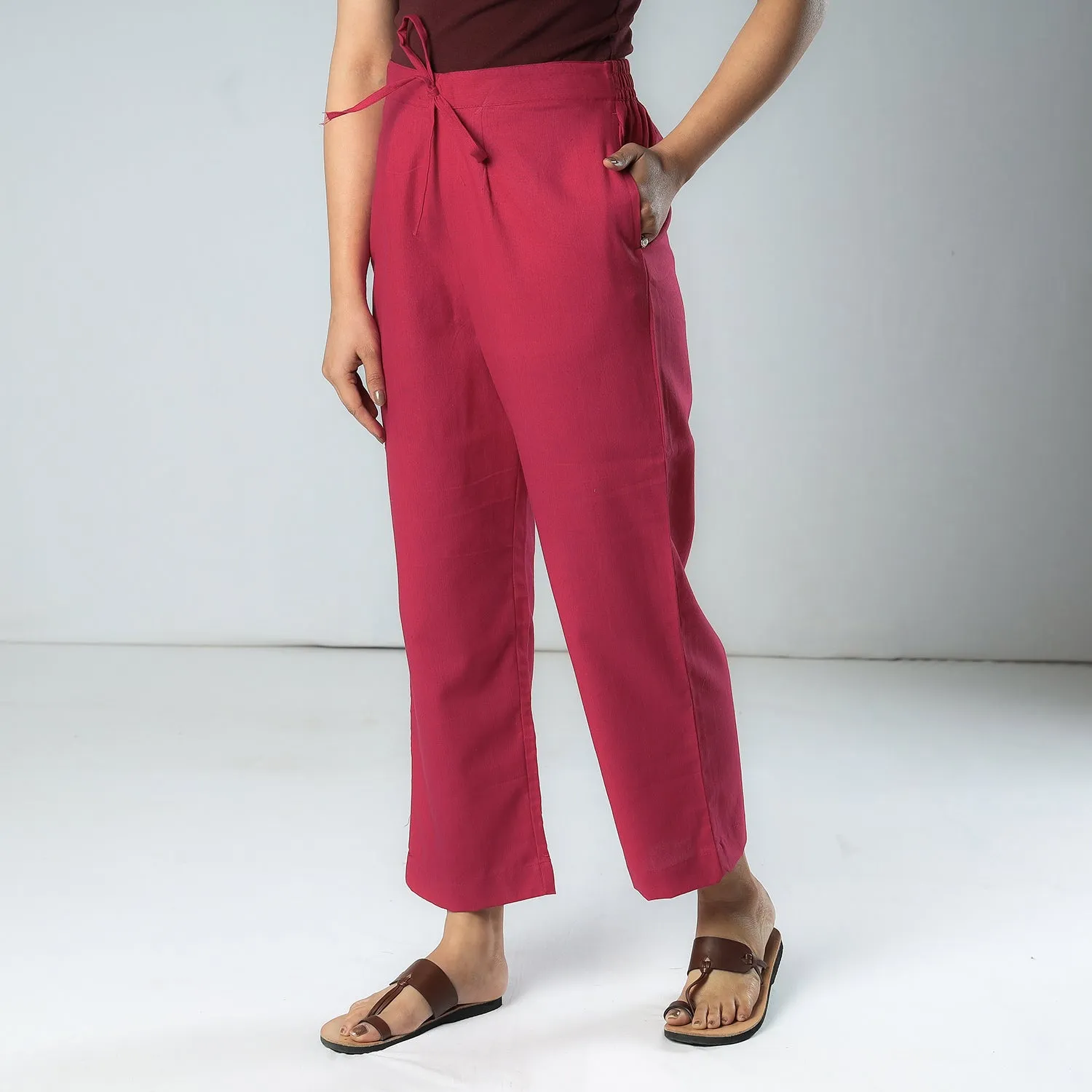 Ruby Pink - Texture Plain Dyed Cotton Relaxed Fit Pant