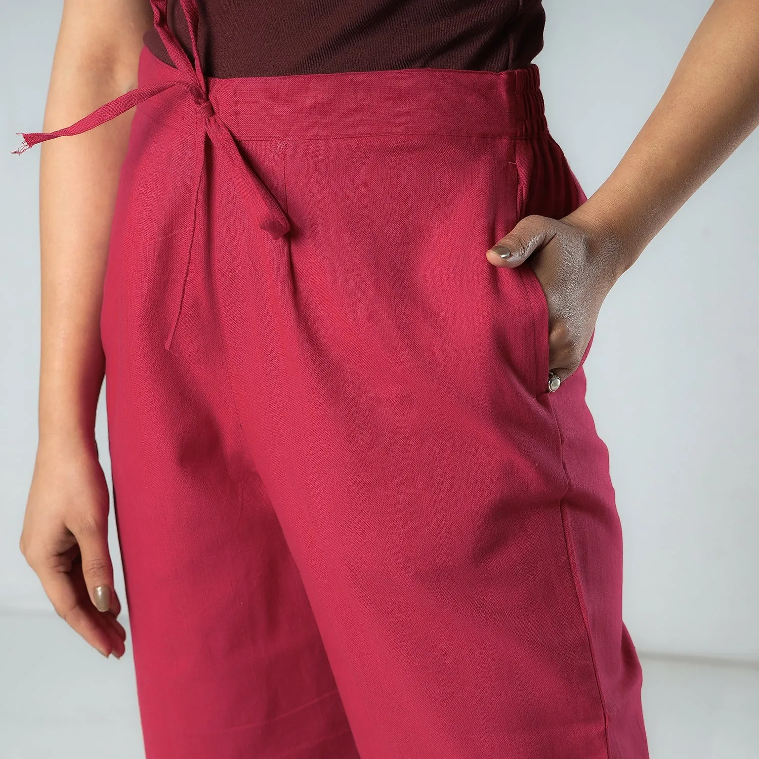 Ruby Pink - Texture Plain Dyed Cotton Relaxed Fit Pant
