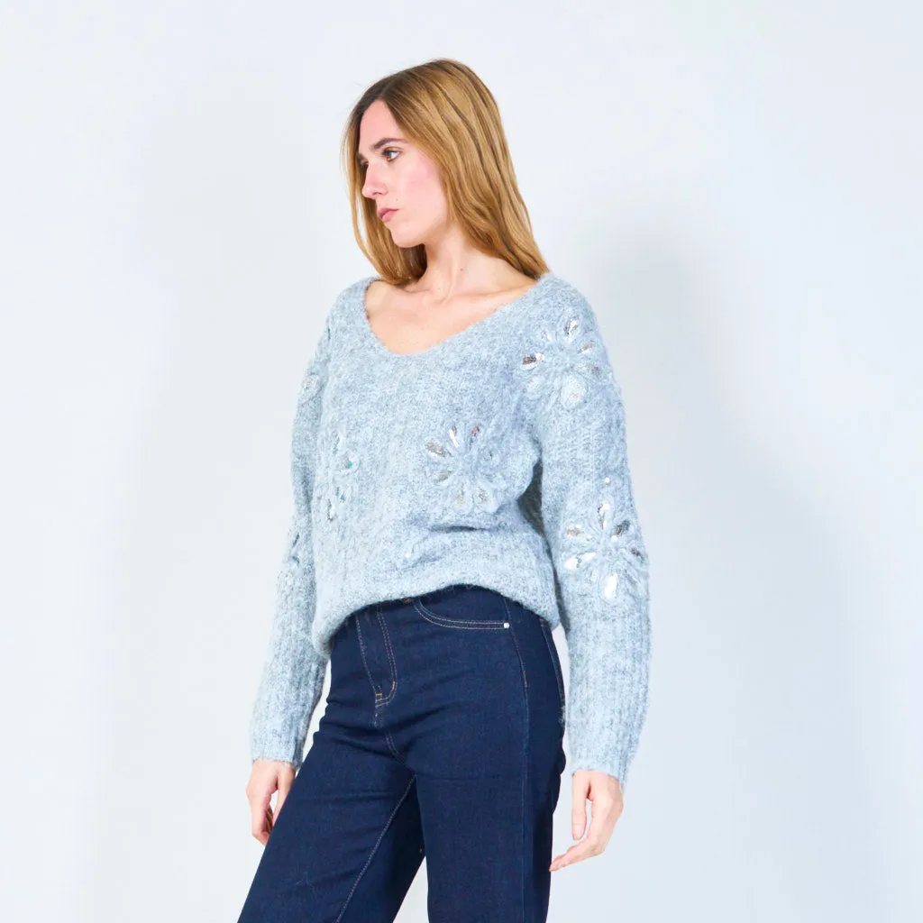 Sequin embellished V-neck fuzzy sweater wholesale