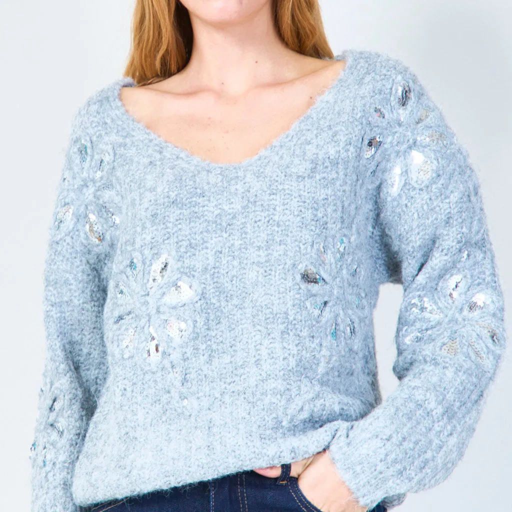 Sequin embellished V-neck fuzzy sweater wholesale