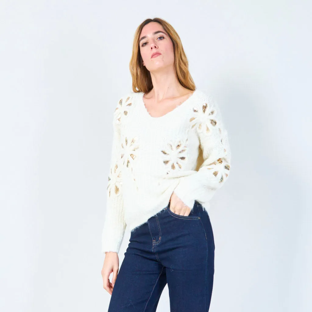 Sequin embellished V-neck fuzzy sweater wholesale