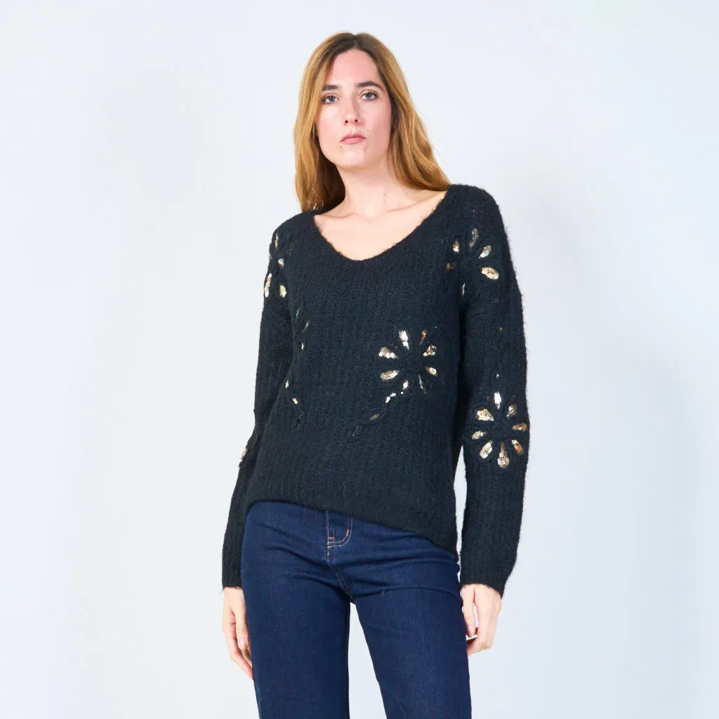 Sequin embellished V-neck fuzzy sweater wholesale