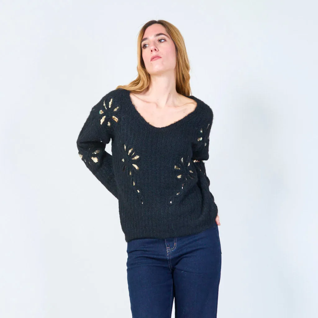 Sequin embellished V-neck fuzzy sweater wholesale