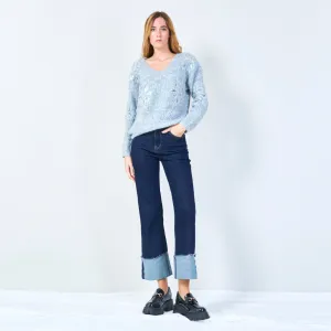 Sequin embellished V-neck fuzzy sweater wholesale