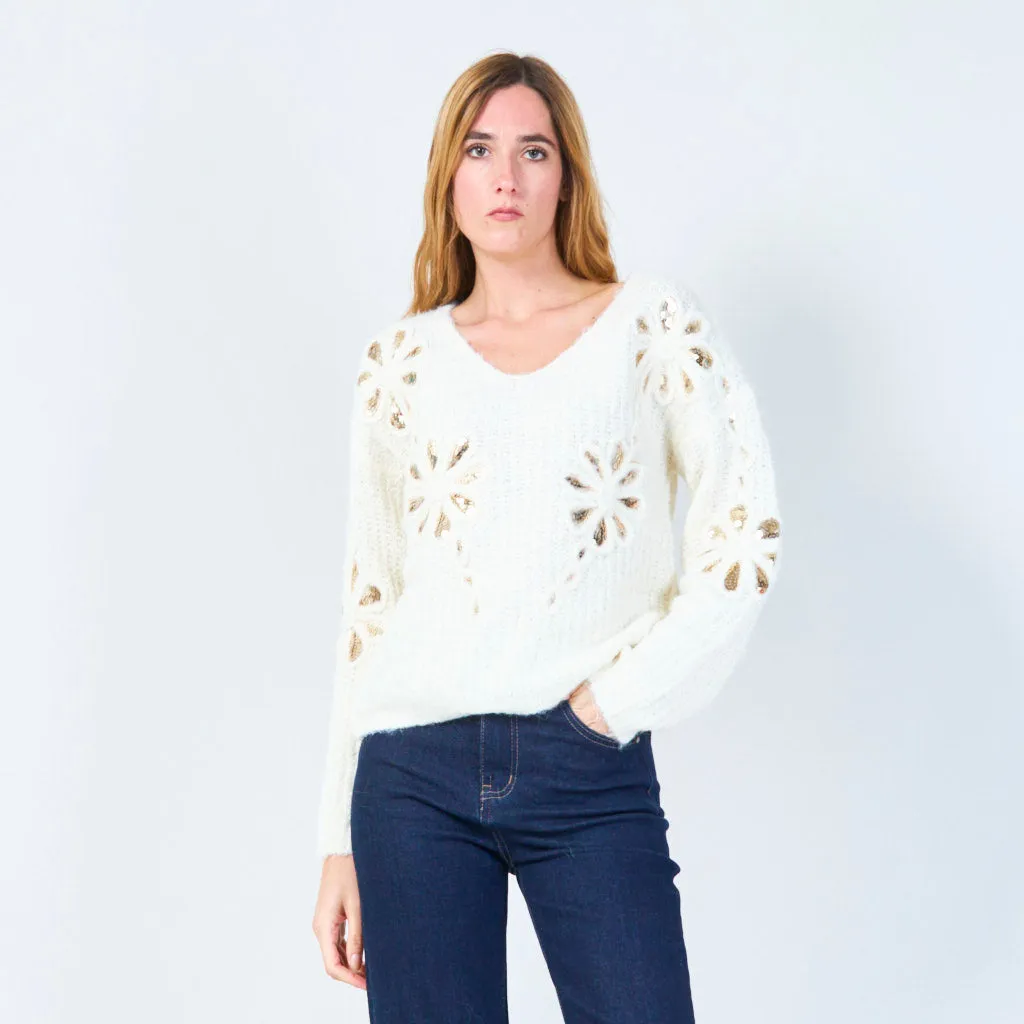 Sequin embellished V-neck fuzzy sweater wholesale