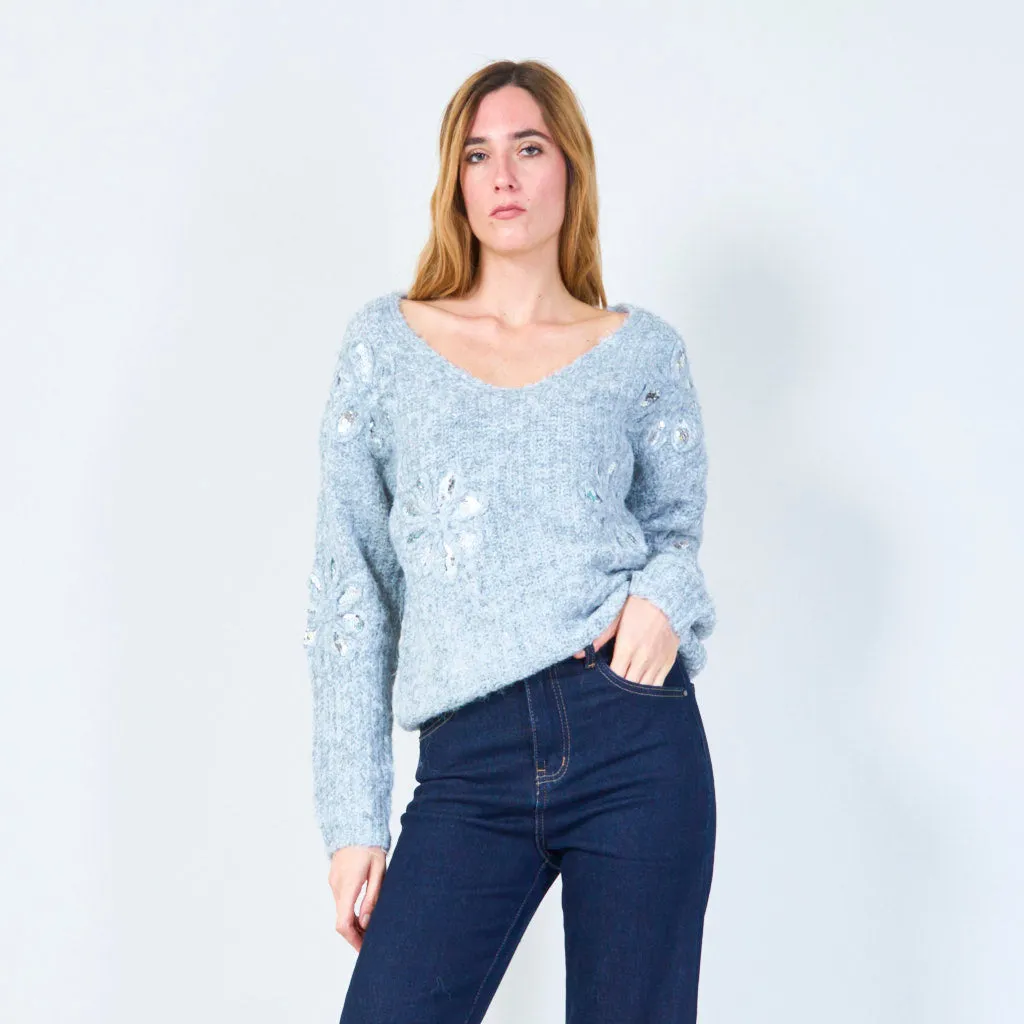 Sequin embellished V-neck fuzzy sweater wholesale