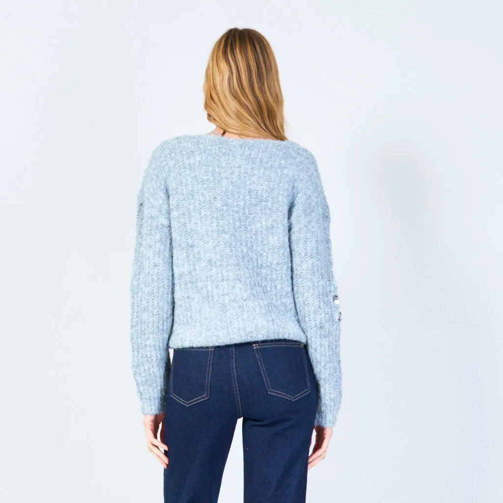 Sequin embellished V-neck fuzzy sweater wholesale