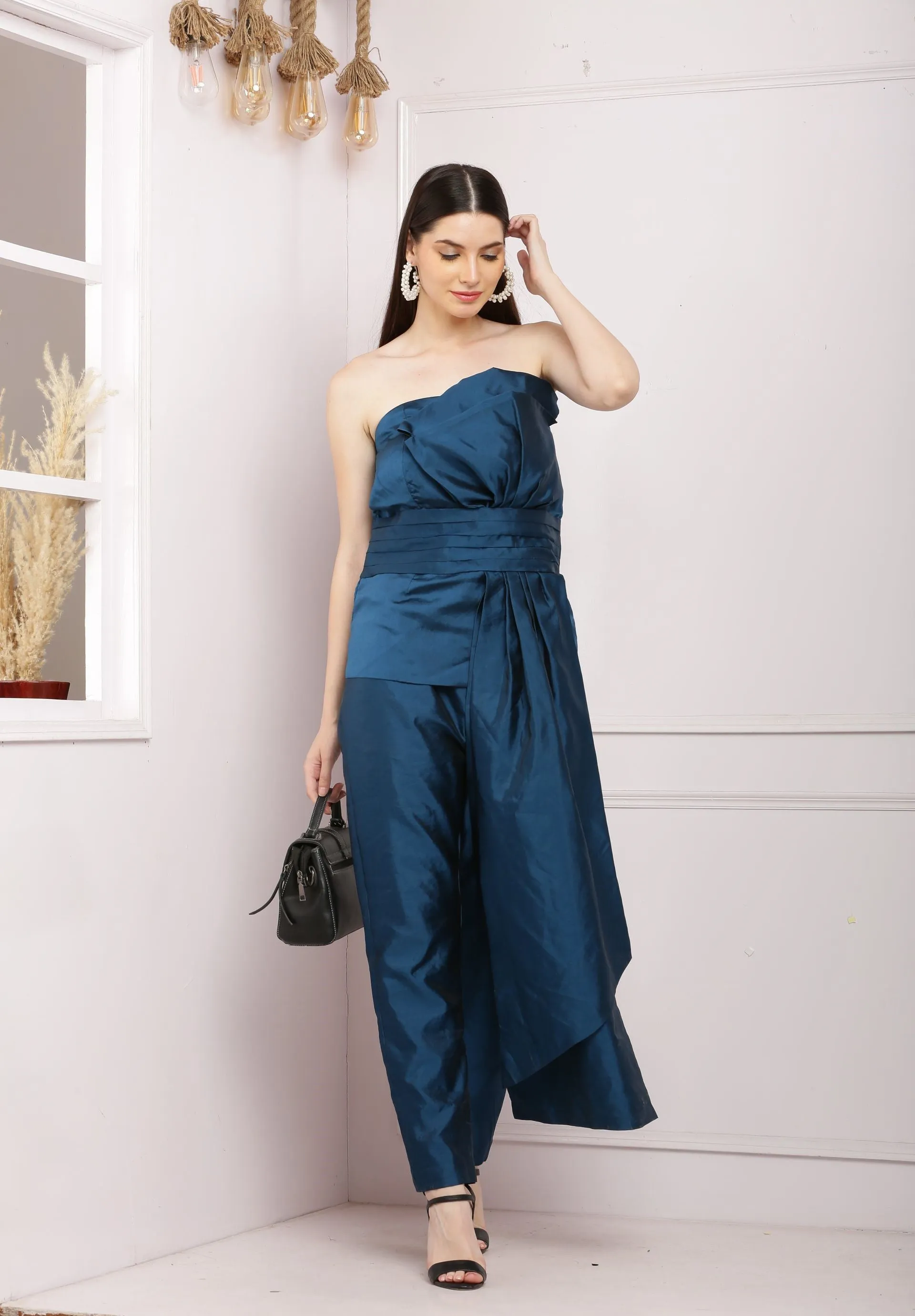 Stylish  Offshoulder Co ord Set With Pants - Dark Blue