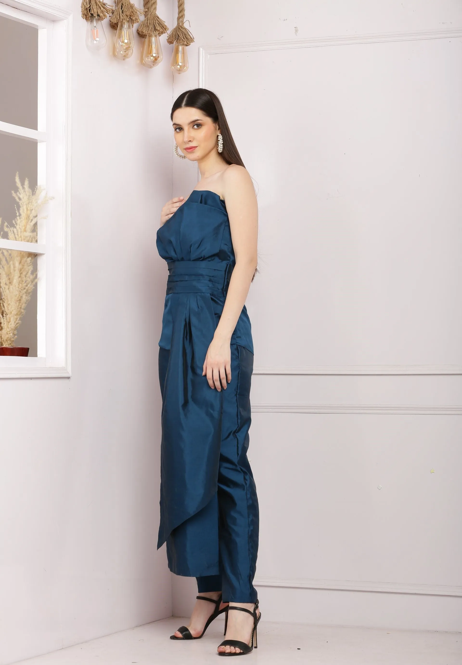 Stylish  Offshoulder Co ord Set With Pants - Dark Blue
