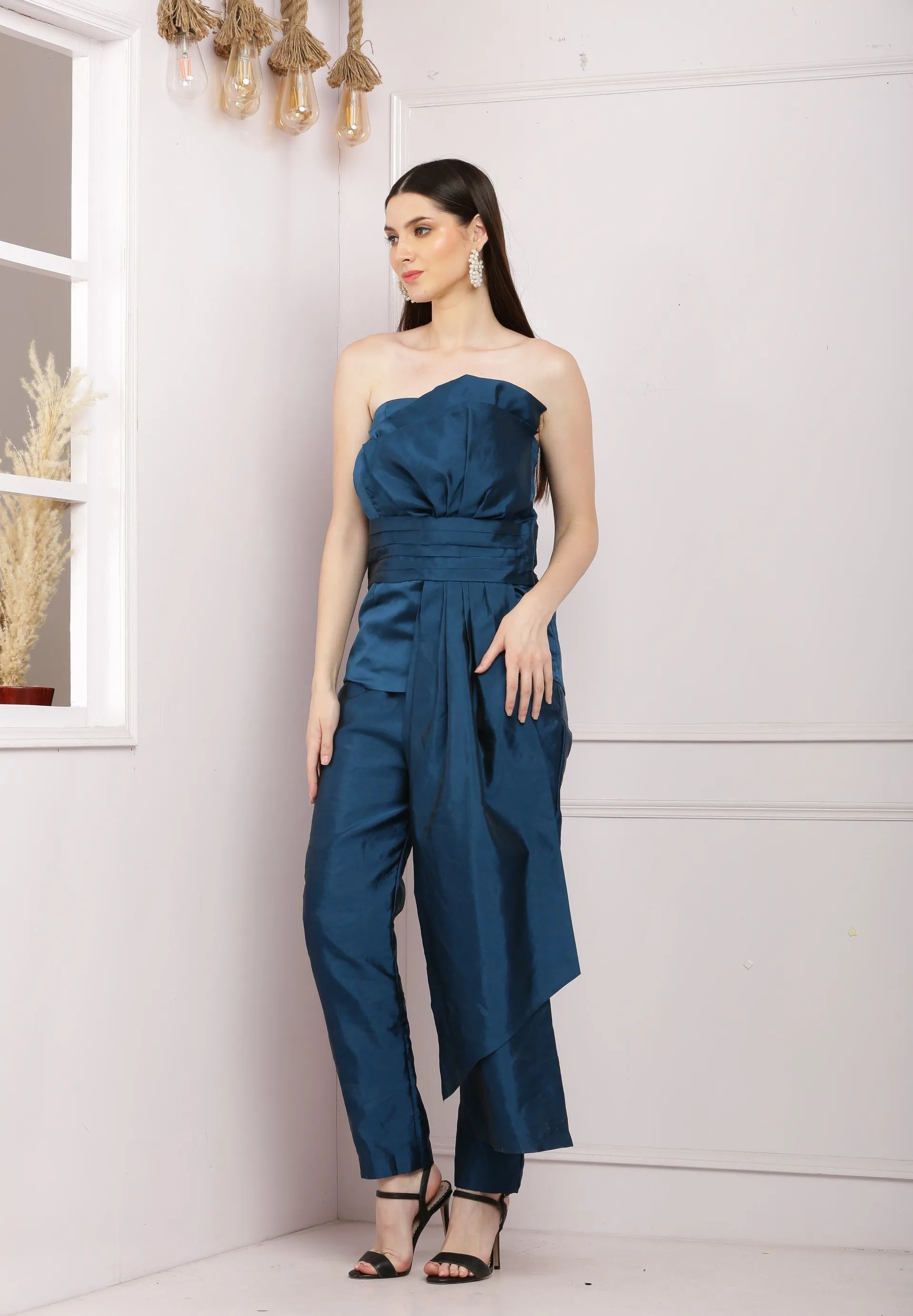 Stylish  Offshoulder Co ord Set With Pants - Dark Blue