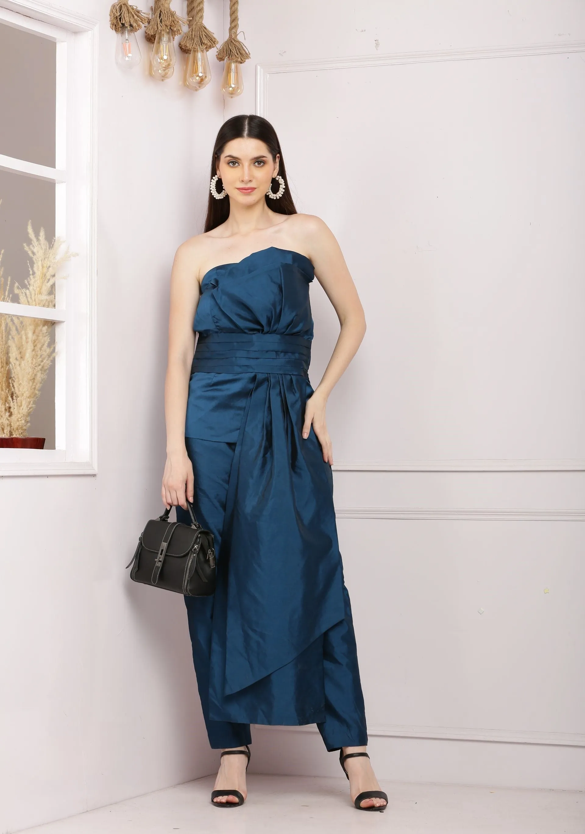 Stylish  Offshoulder Co ord Set With Pants - Dark Blue