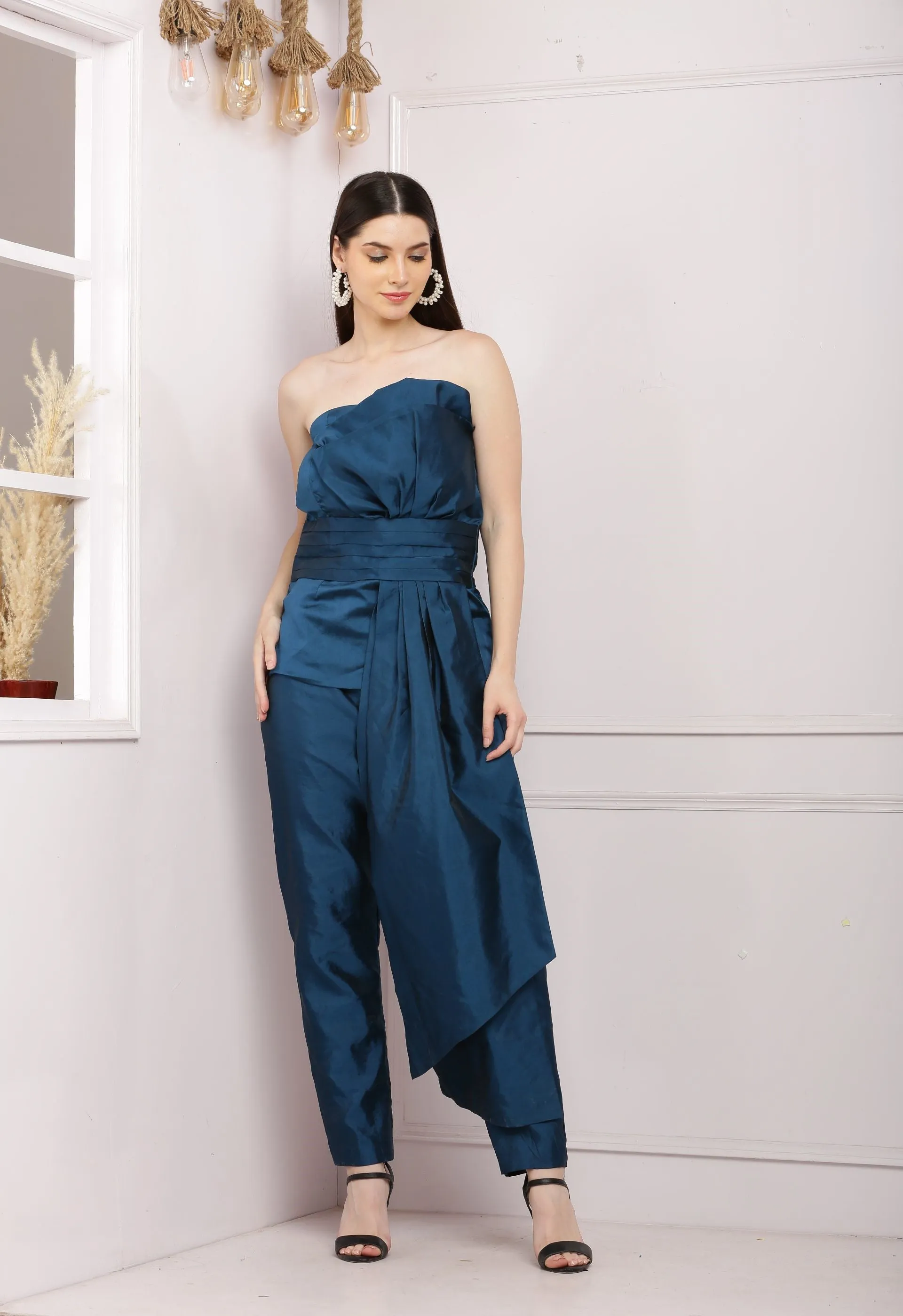 Stylish  Offshoulder Co ord Set With Pants - Dark Blue