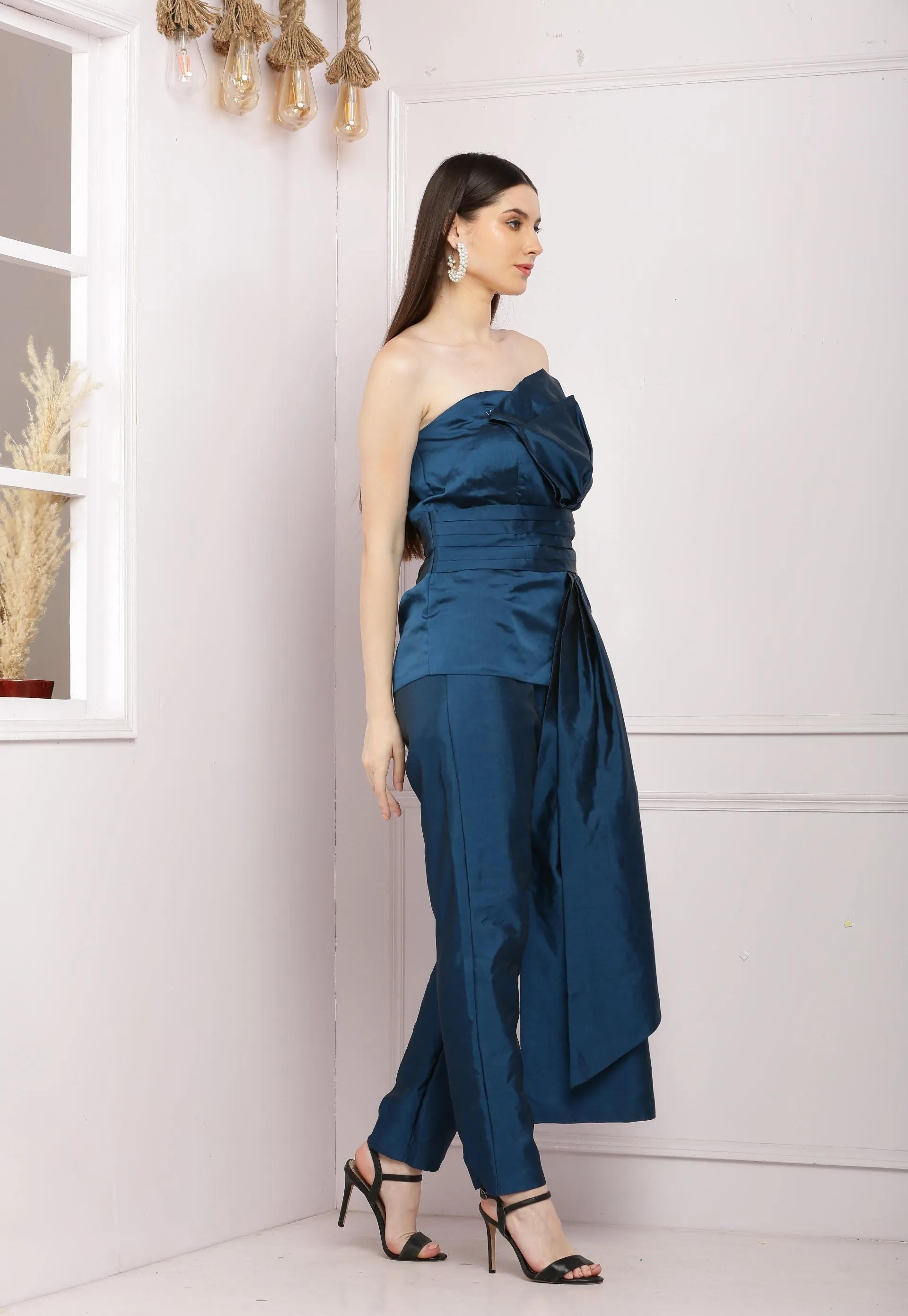 Stylish  Offshoulder Co ord Set With Pants - Dark Blue
