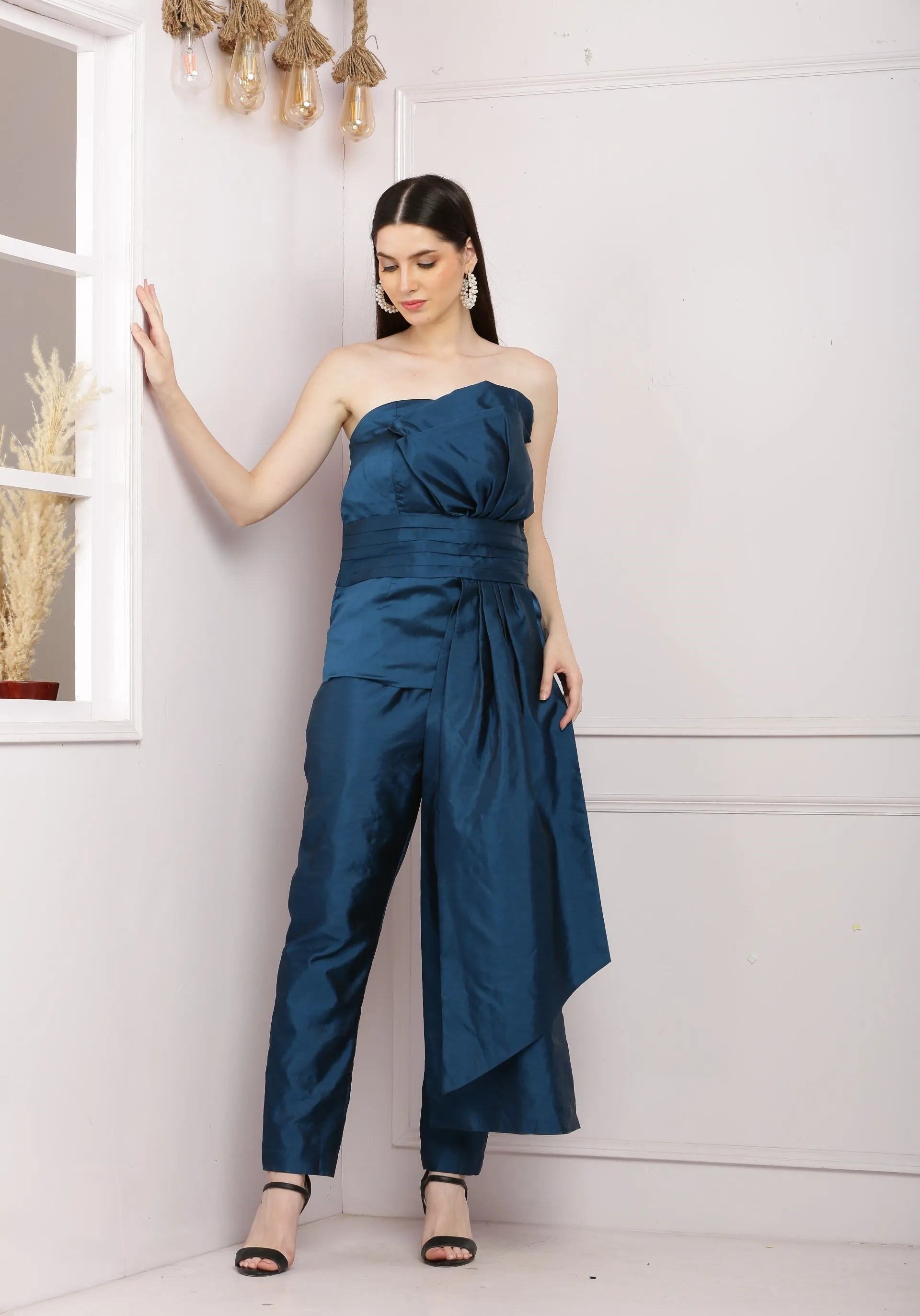 Stylish  Offshoulder Co ord Set With Pants - Dark Blue