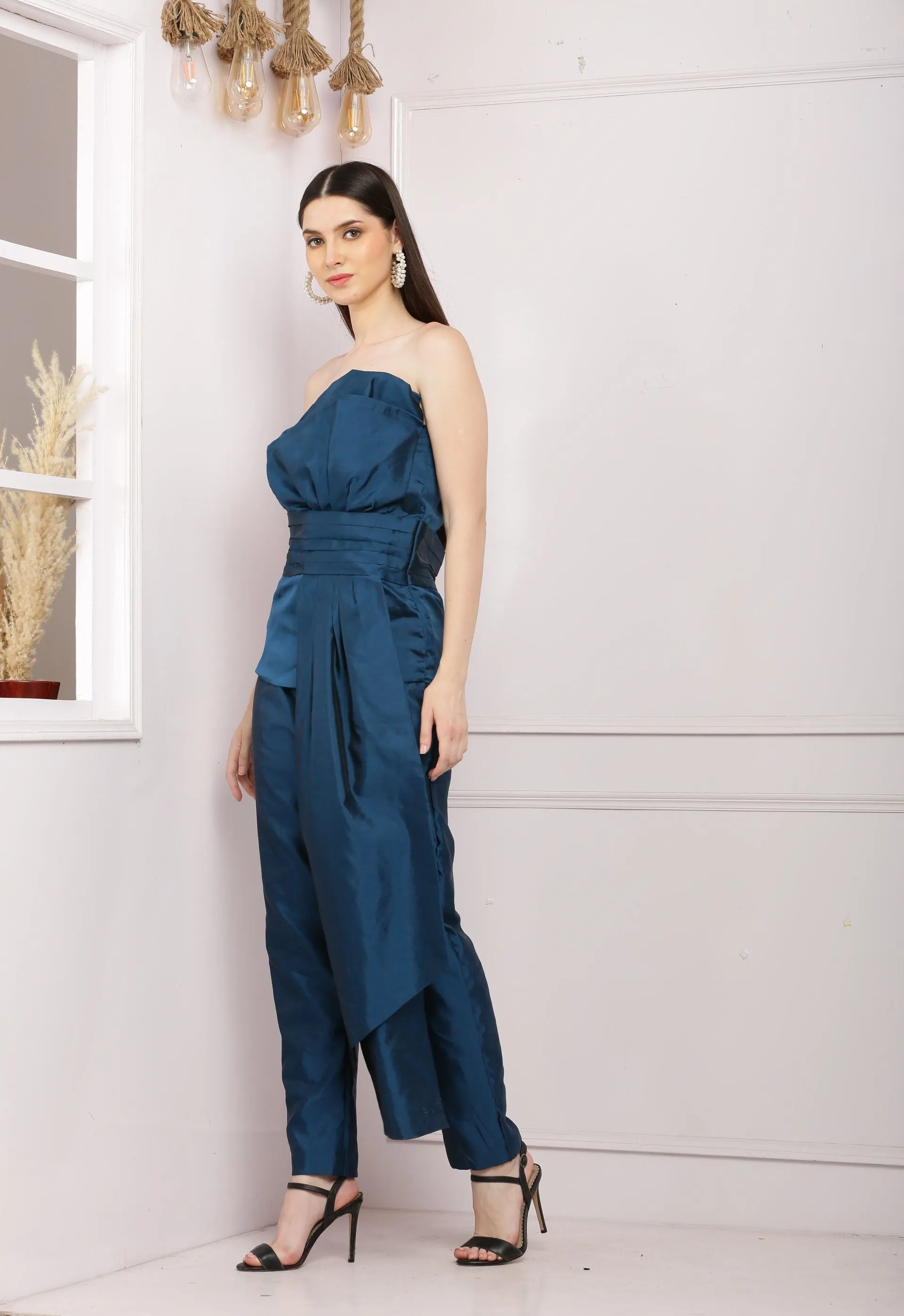 Stylish  Offshoulder Co ord Set With Pants - Dark Blue